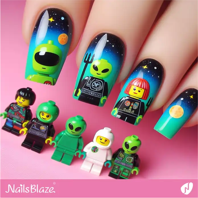 Ombre Space Theme Nails with LEGO Alien Minifigure | Game Nails - NB2725
